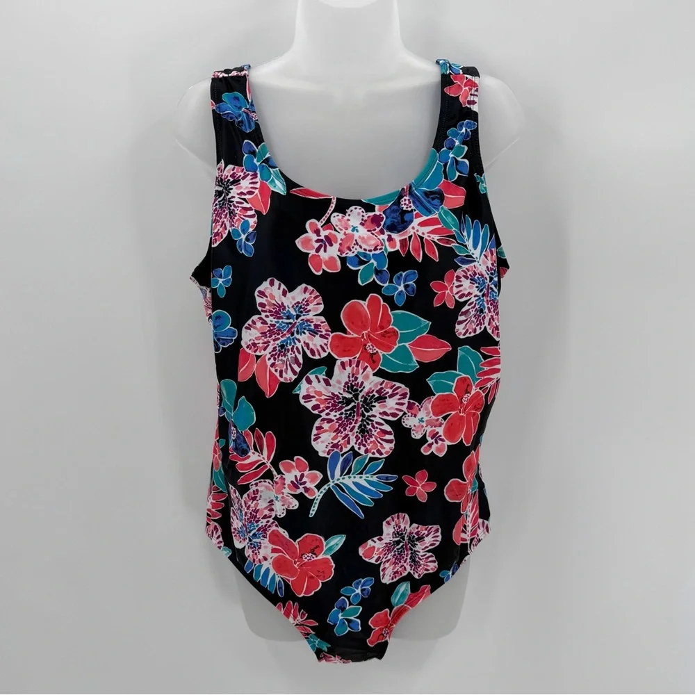 BLAIR Swimsuit Womens 18W Black Floral One Piece Scoopneck Bathing Suit